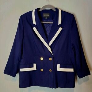 Vtg 90s Blue Double Breast Gold Pique Sailor Blazer Womens Sz 22W Old Money